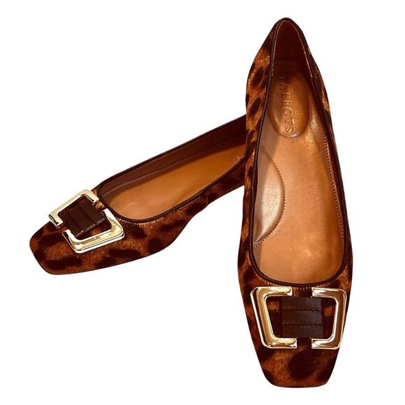Talbots Women’s Sz 6.5 Brown Leopard Square Toe Flats Shoes Calf Hair Buckle - Picture 2 of 11